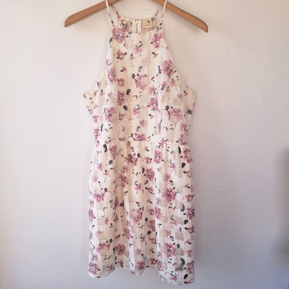 Pink Owl Large White Pink Floral Women's Halter Easter Spring Dress Checkered